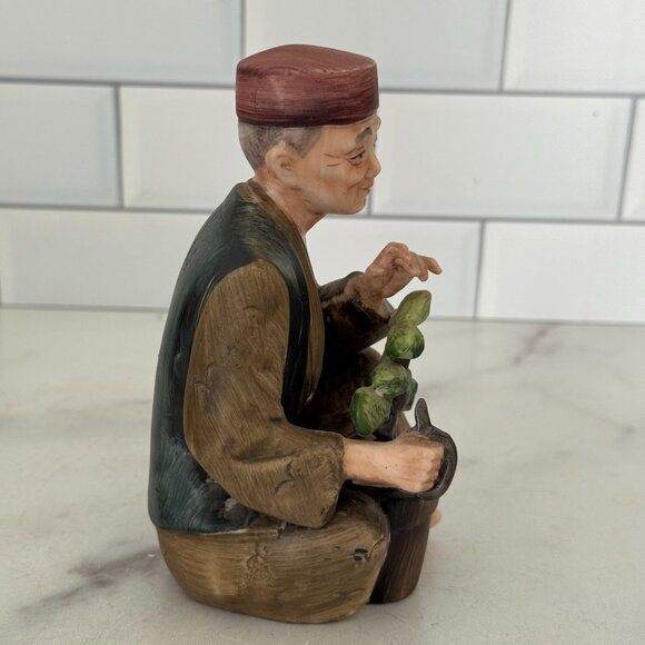 Bonsai Tree Pruning Hand-Painted Ceramic Figurine Of Elderly Man - Picture 4 of 6